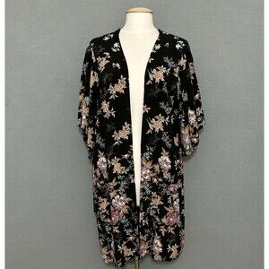 ANGIE Womens Top‎ L Black Floral Flowy Open Kimono Layer Swim Cover Resortwear